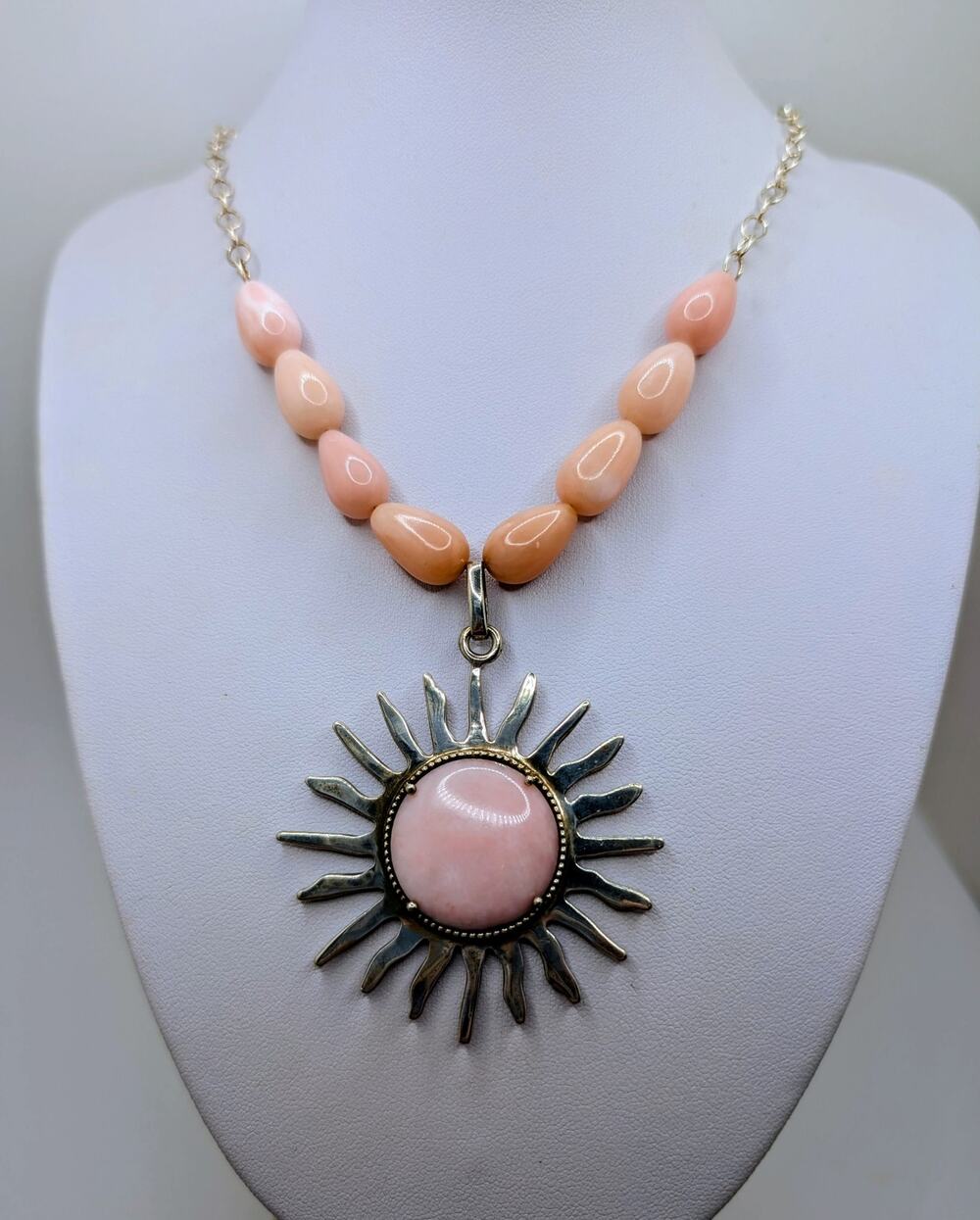 Peruvian Sterling Silver Pink Opal Sun Necklace 18-in